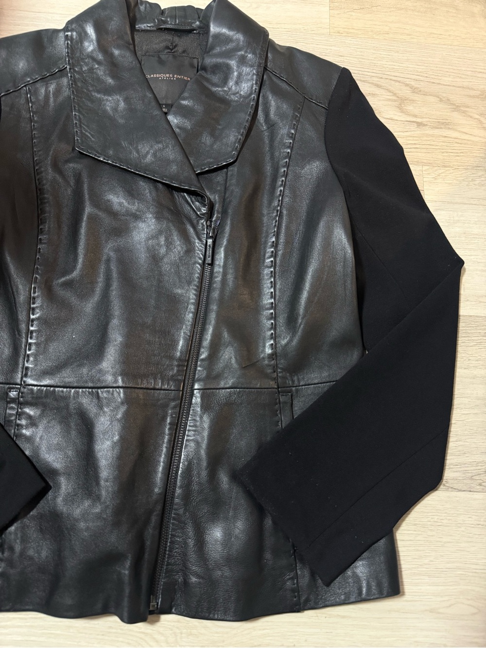 Classiques Entier Black Leather Zip Up Jacket Knit Sleeves Women’s Size Large - Picture 2 of 7